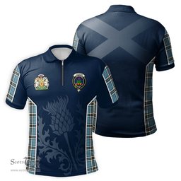 ScotsTee Shop Scottish Thomson Clan Scottish Crest and Scottish Thistle Sport Tartan Zipper Polo Shirt