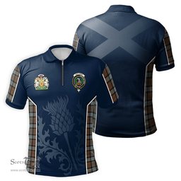 ScotsTee Shop Scottish MacLaren Weathered Clan Scottish Crest and Scottish Thistle Sport Tartan Zipper Polo Shirt