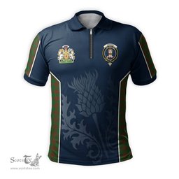 ScotsTee Shop Scottish Menzies Clan Scottish Crest and Scottish Thistle Sport Tartan Zipper Polo Shirt