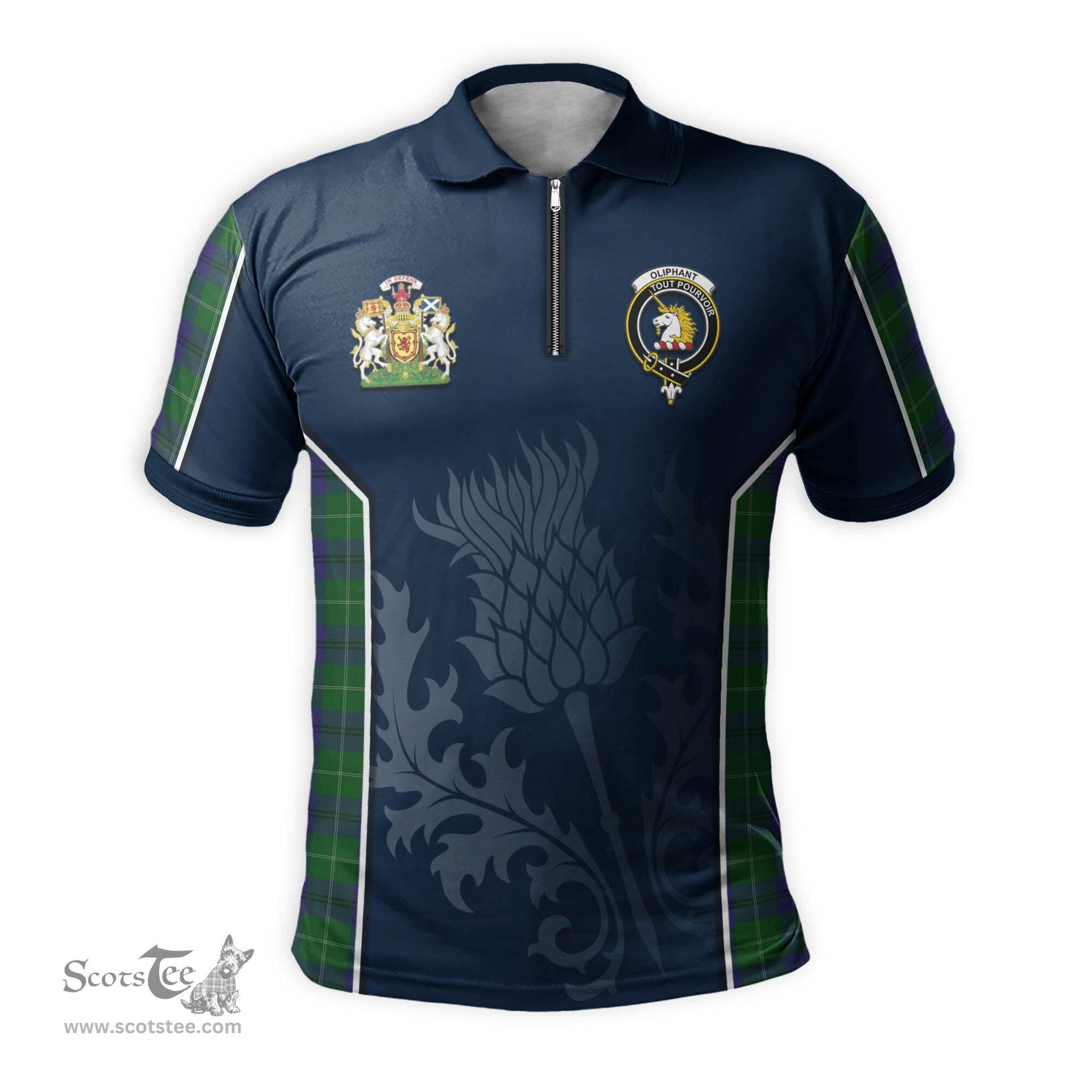 ScotsTee Shop Scottish Oliphant Clan Scottish Crest and Scottish Thistle Sport Tartan Zipper Polo Shirt