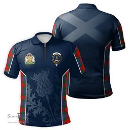 ScotsTee Shop Scottish Mar Clan Scottish Crest and Scottish Thistle Sport Tartan Zipper Polo Shirt