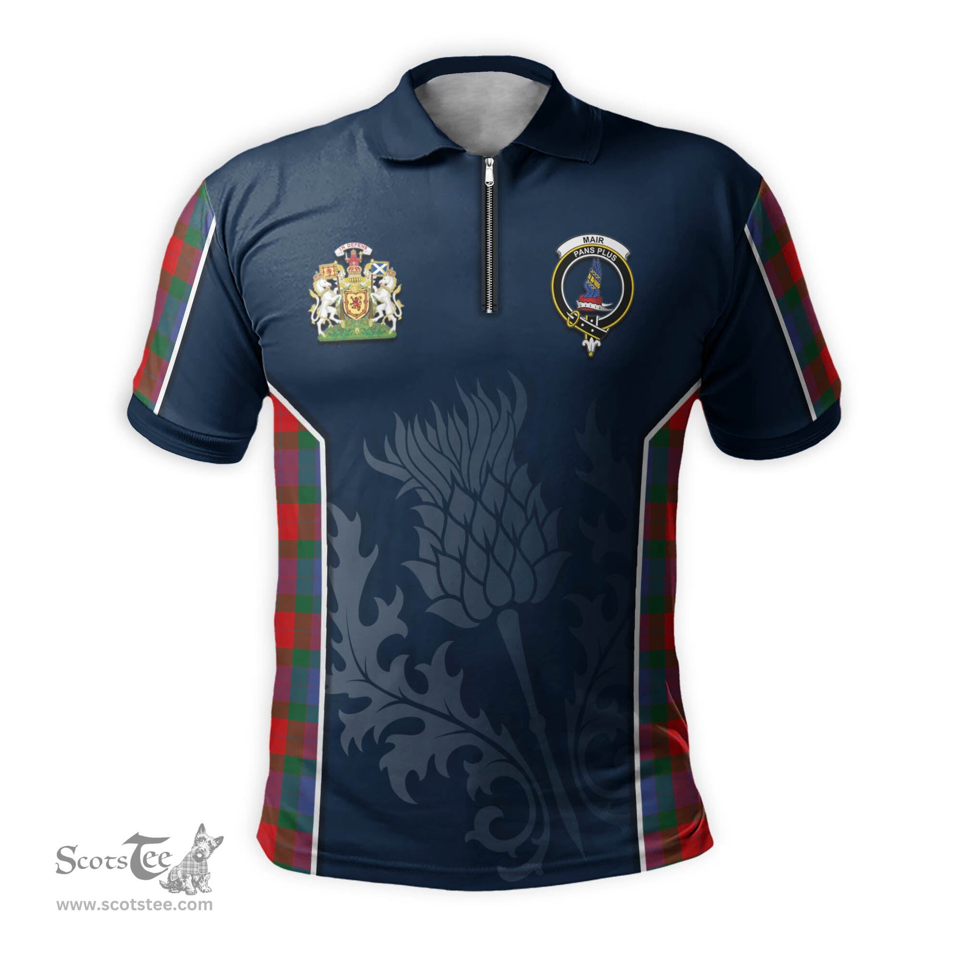 ScotsTee Shop Scottish Mar Clan Scottish Crest and Scottish Thistle Sport Tartan Zipper Polo Shirt