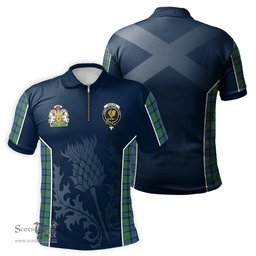 ScotsTee Shop Scottish Sinclair Hunting Ancient Clan Scottish Crest and Scottish Thistle Sport Tartan Zipper Polo Shirt