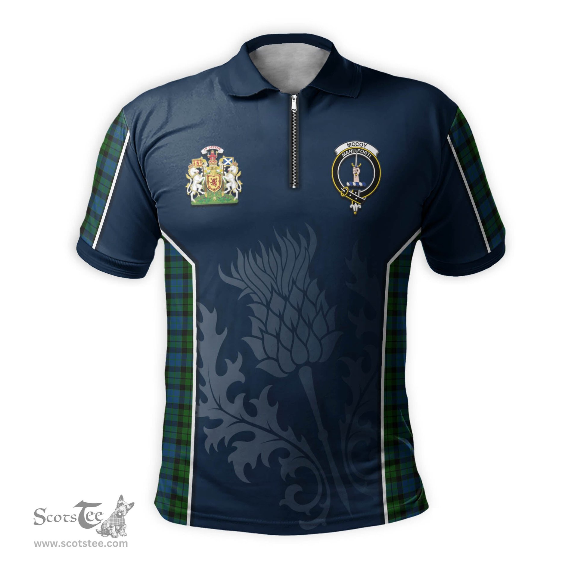 ScotsTee Shop Scottish McCoy Clan Scottish Crest and Scottish Thistle Sport Tartan Zipper Polo Shirt