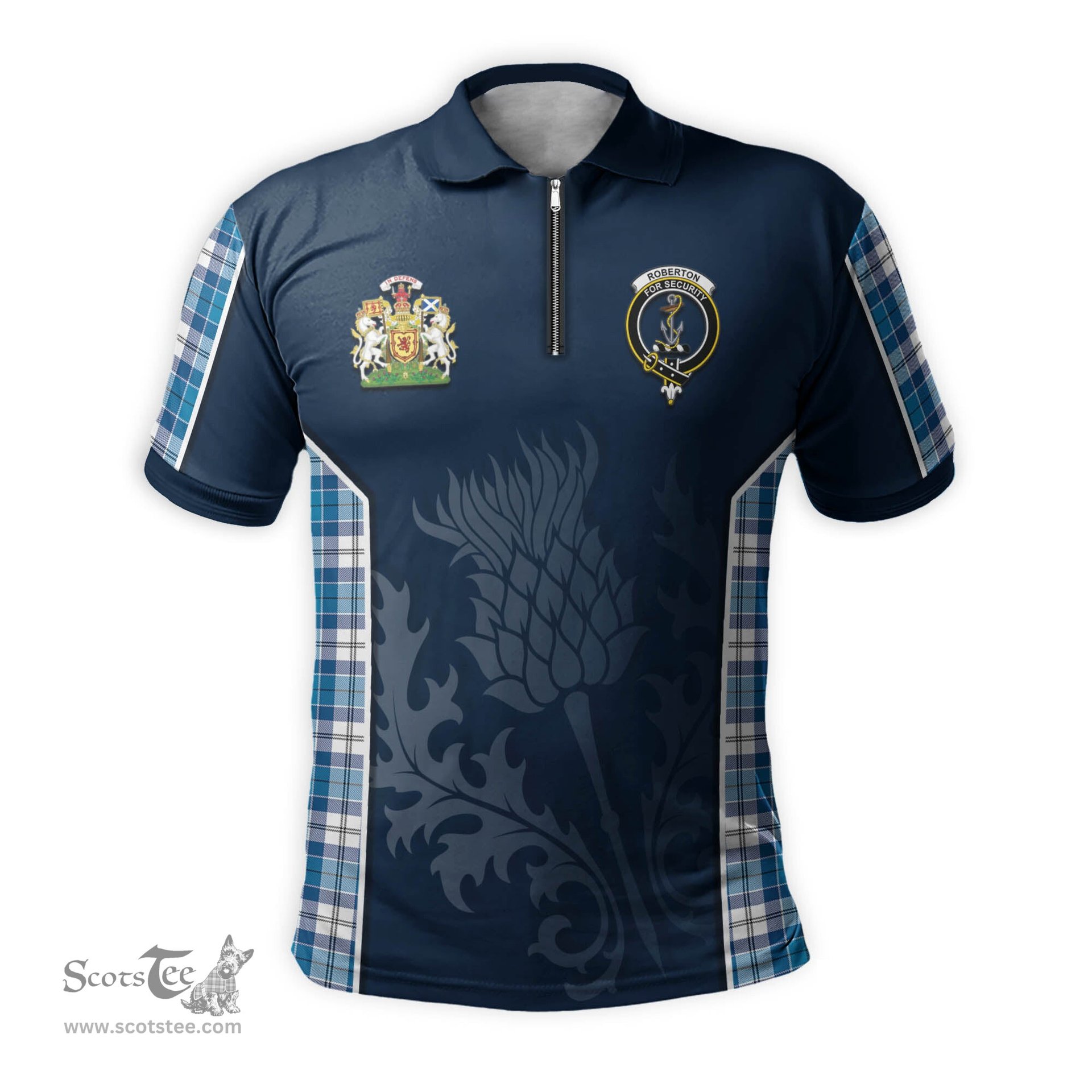 ScotsTee Shop Scottish Roberton Clan Scottish Crest and Scottish Thistle Sport Tartan Zipper Polo Shirt