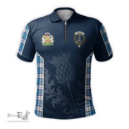 ScotsTee Shop Scottish Roberton Clan Scottish Crest and Scottish Thistle Sport Tartan Zipper Polo Shirt