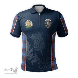 ScotsTee Shop Scottish Trotter Clan Scottish Crest and Scottish Thistle Sport Tartan Zipper Polo Shirt