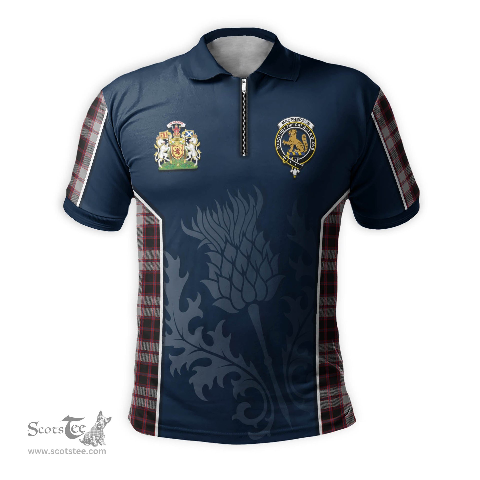 ScotsTee Shop Scottish MacPherson Clan Scottish Crest and Scottish Thistle Sport Tartan Zipper Polo Shirt