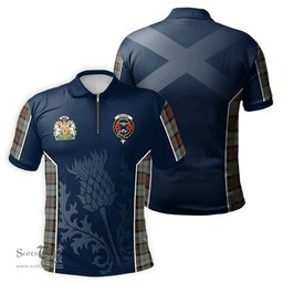 ScotsTee Shop Scottish MacLeod of Harris Weathered Clan Scottish Crest and Scottish Thistle Sport Tartan Zipper Polo Shirt