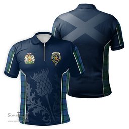 ScotsTee Shop Scottish MacThomas Clan Scottish Crest and Scottish Thistle Sport Tartan Zipper Polo Shirt