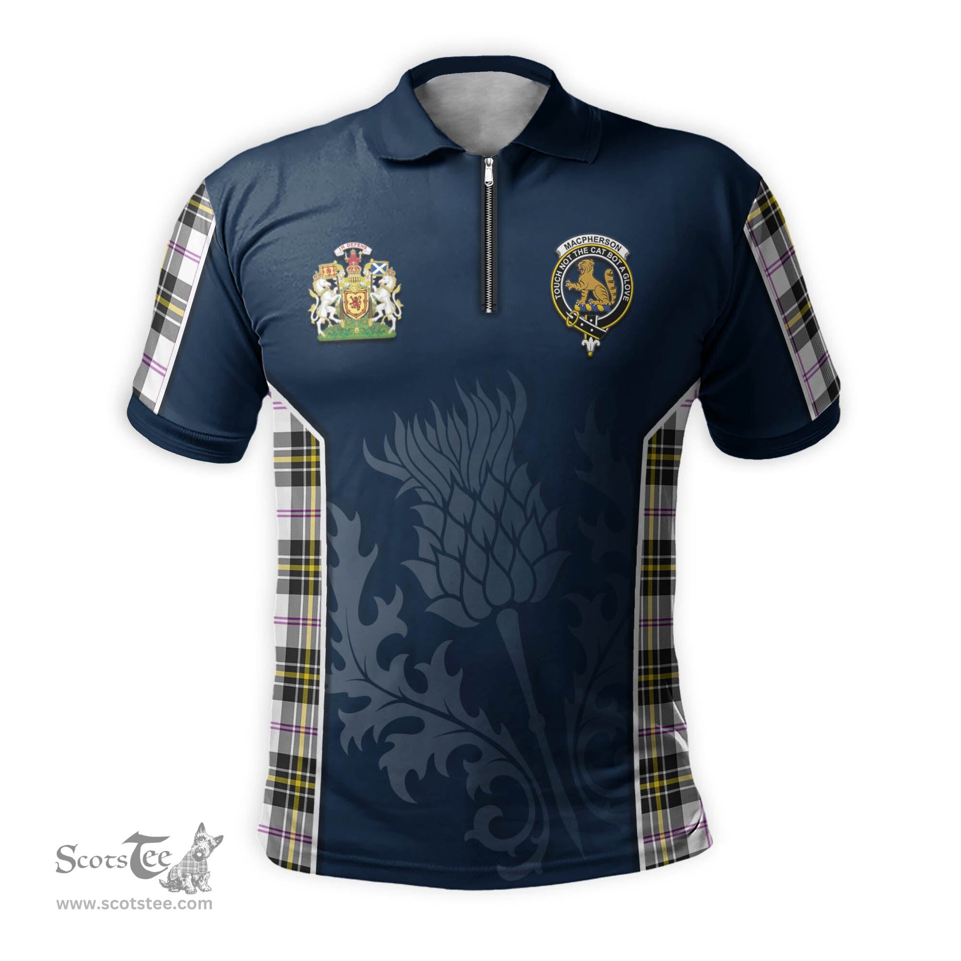 ScotsTee Shop Scottish MacPherson Dress Modern Clan Scottish Crest and Scottish Thistle Sport Tartan Zipper Polo Shirt