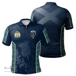 ScotsTee Shop Scottish MacNeil of Colonsay Ancient Clan Scottish Crest and Scottish Thistle Sport Tartan Zipper Polo Shirt