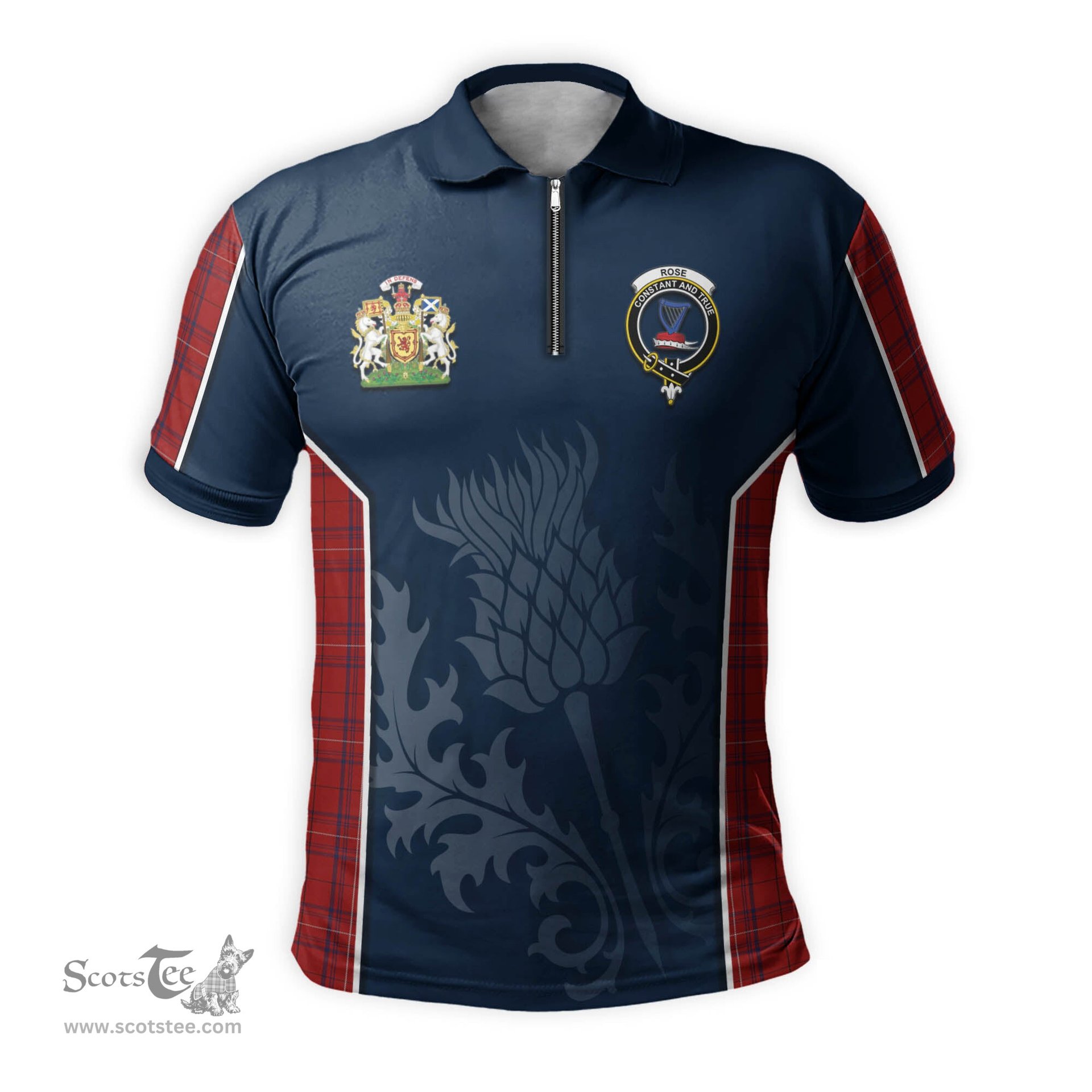 ScotsTee Shop Scottish Rose of Kilravock Clan Scottish Crest and Scottish Thistle Sport Tartan Zipper Polo Shirt