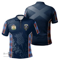 ScotsTee Shop Scottish Spalding Clan Scottish Crest and Scottish Thistle Sport Tartan Zipper Polo Shirt