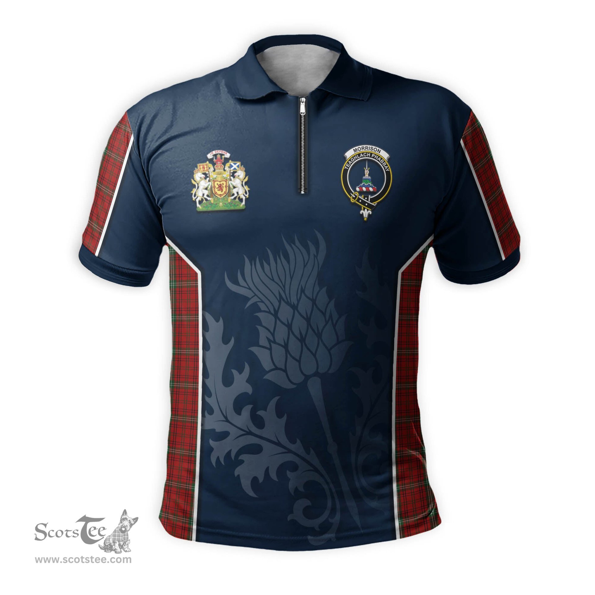 ScotsTee Shop Scottish Morrison Red Clan Scottish Crest and Scottish Thistle Sport Tartan Zipper Polo Shirt