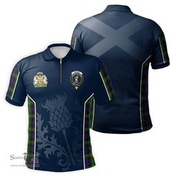 ScotsTee Shop Scottish Watson Clan Scottish Crest and Scottish Thistle Sport Tartan Zipper Polo Shirt