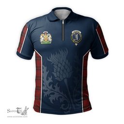 ScotsTee Shop Scottish MacQueen Clan Scottish Crest and Scottish Thistle Sport Tartan Zipper Polo Shirt