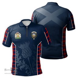 ScotsTee Shop Scottish MacLachlan Modern Clan Scottish Crest and Scottish Thistle Sport Tartan Zipper Polo Shirt