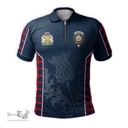 ScotsTee Shop Scottish MacLachlan Modern Clan Scottish Crest and Scottish Thistle Sport Tartan Zipper Polo Shirt