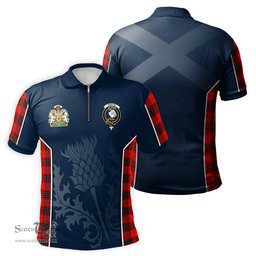 ScotsTee Shop Scottish Wemyss Modern Clan Scottish Crest and Scottish Thistle Sport Tartan Zipper Polo Shirt