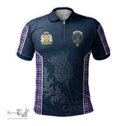 ScotsTee Shop Scottish Ochterlony Clan Scottish Crest and Scottish Thistle Sport Tartan Zipper Polo Shirt