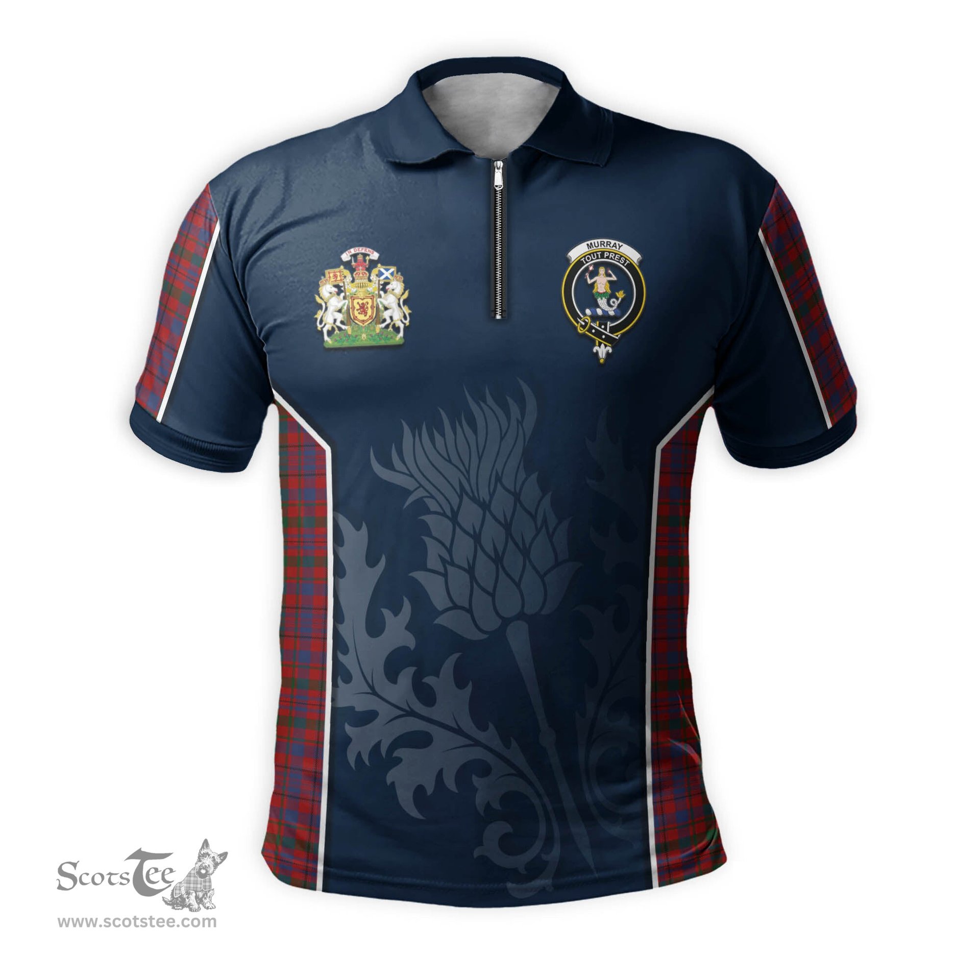 ScotsTee Shop Scottish Murray of Tullibardine Clan Scottish Crest and Scottish Thistle Sport Tartan Zipper Polo Shirt