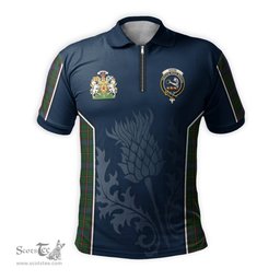 ScotsTee Shop Scottish Skene Clan Scottish Crest and Scottish Thistle Sport Tartan Zipper Polo Shirt