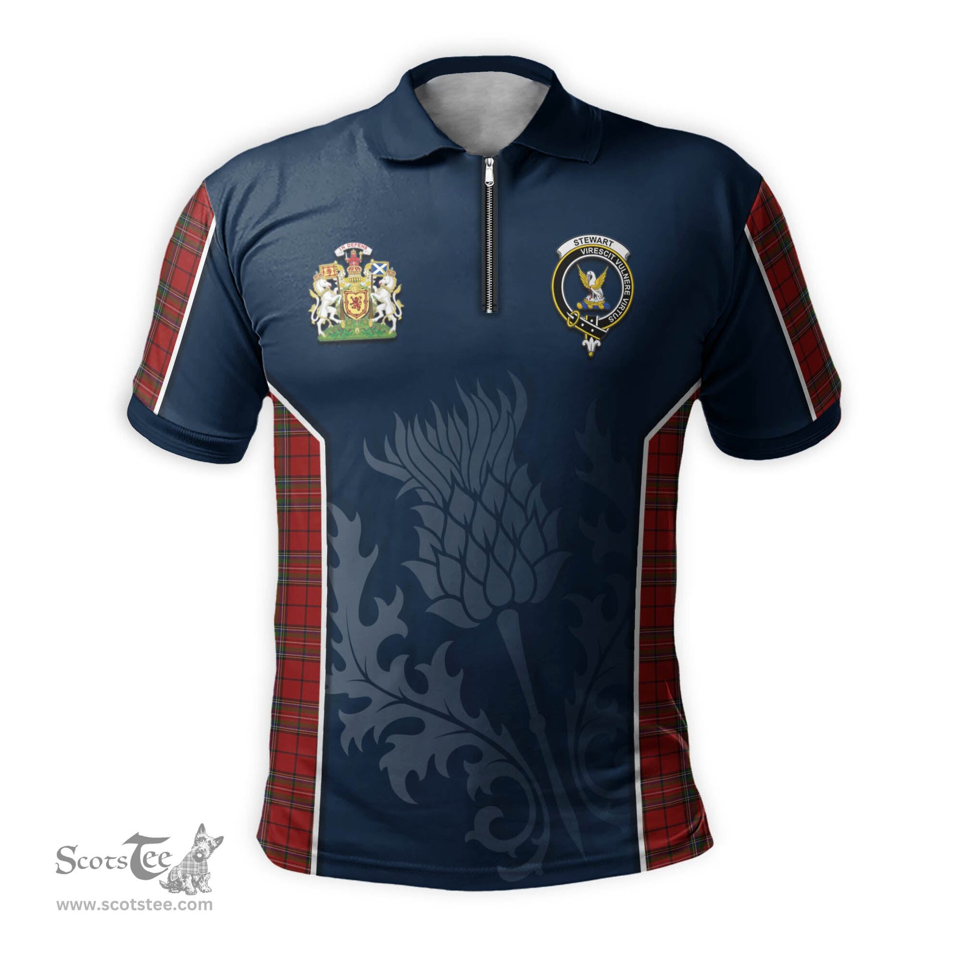ScotsTee Shop Scottish Stewart of Galloway Clan Scottish Crest and Scottish Thistle Sport Tartan Zipper Polo Shirt