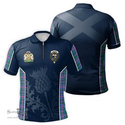 ScotsTee Shop Scottish Ralston Clan Scottish Crest and Scottish Thistle Sport Tartan Zipper Polo Shirt