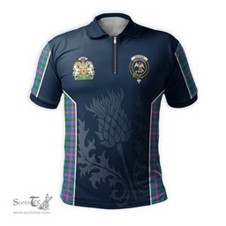 ScotsTee Shop Scottish Ralston Clan Scottish Crest and Scottish Thistle Sport Tartan Zipper Polo Shirt