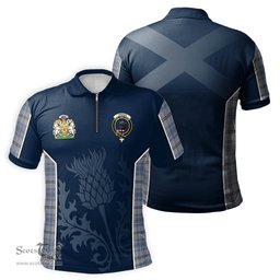 ScotsTee Shop Scottish Tweedie Clan Scottish Crest and Scottish Thistle Sport Tartan Zipper Polo Shirt