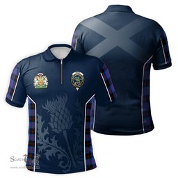 ScotsTee Shop Scottish Maule Clan Scottish Crest and Scottish Thistle Sport Tartan Zipper Polo Shirt
