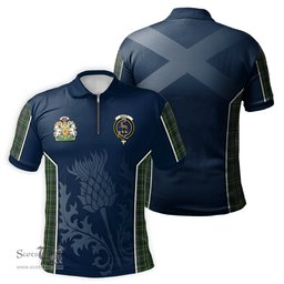 ScotsTee Shop Scottish Scott Green Clan Scottish Crest and Scottish Thistle Sport Tartan Zipper Polo Shirt