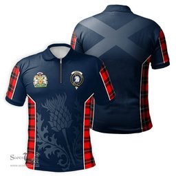 ScotsTee Shop Scottish Ramsay Modern Clan Scottish Crest and Scottish Thistle Sport Tartan Zipper Polo Shirt