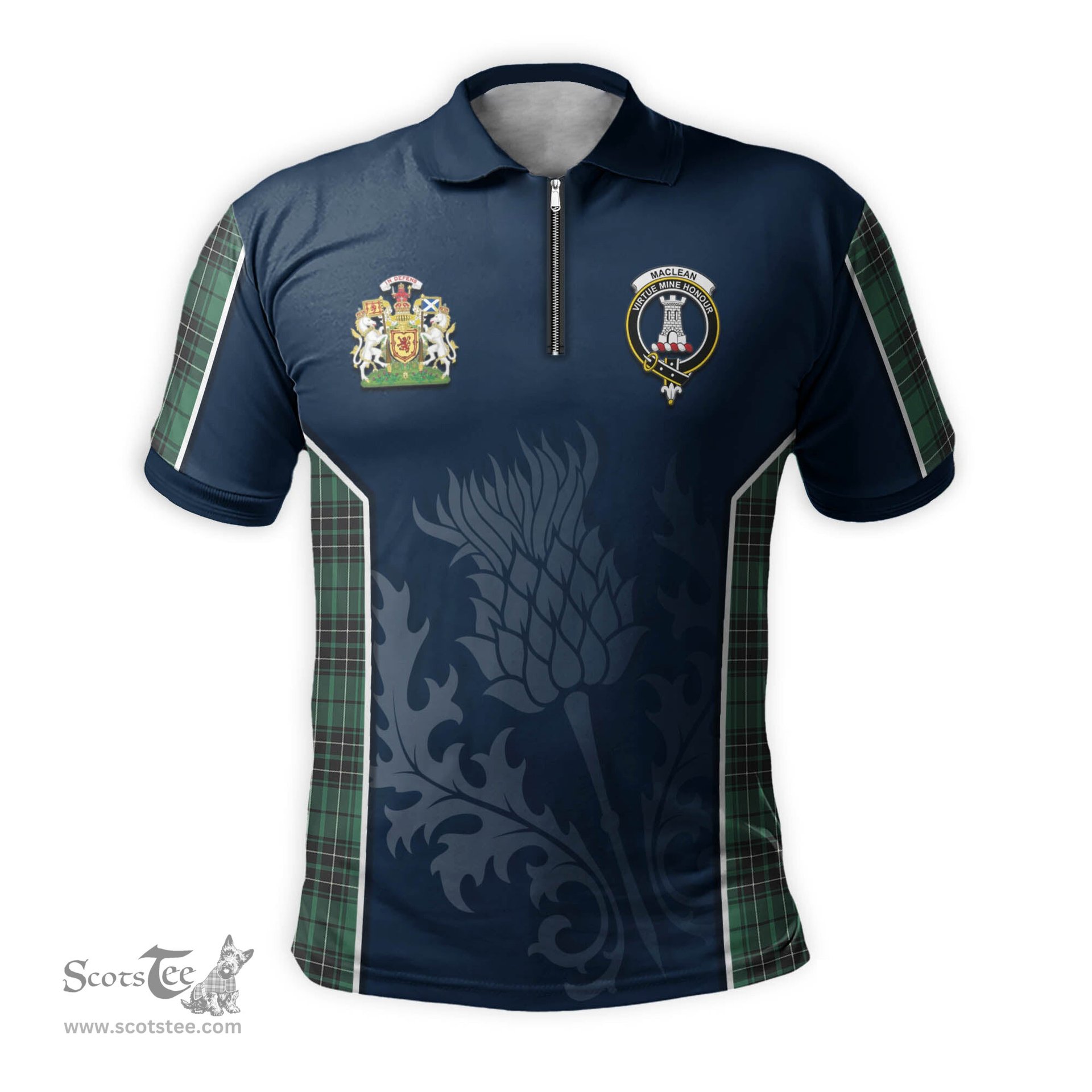 ScotsTee Shop Scottish MacLean Hunting Ancient Clan Scottish Crest and Scottish Thistle Sport Tartan Zipper Polo Shirt