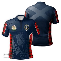 ScotsTee Shop Scottish Wallace Hunting Red Clan Scottish Crest and Scottish Thistle Sport Tartan Zipper Polo Shirt
