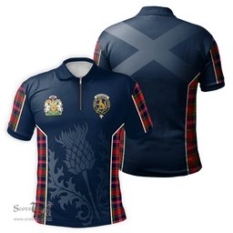 ScotsTee Shop Scottish MacPherson Modern Clan Scottish Crest and Scottish Thistle Sport Tartan Zipper Polo Shirt