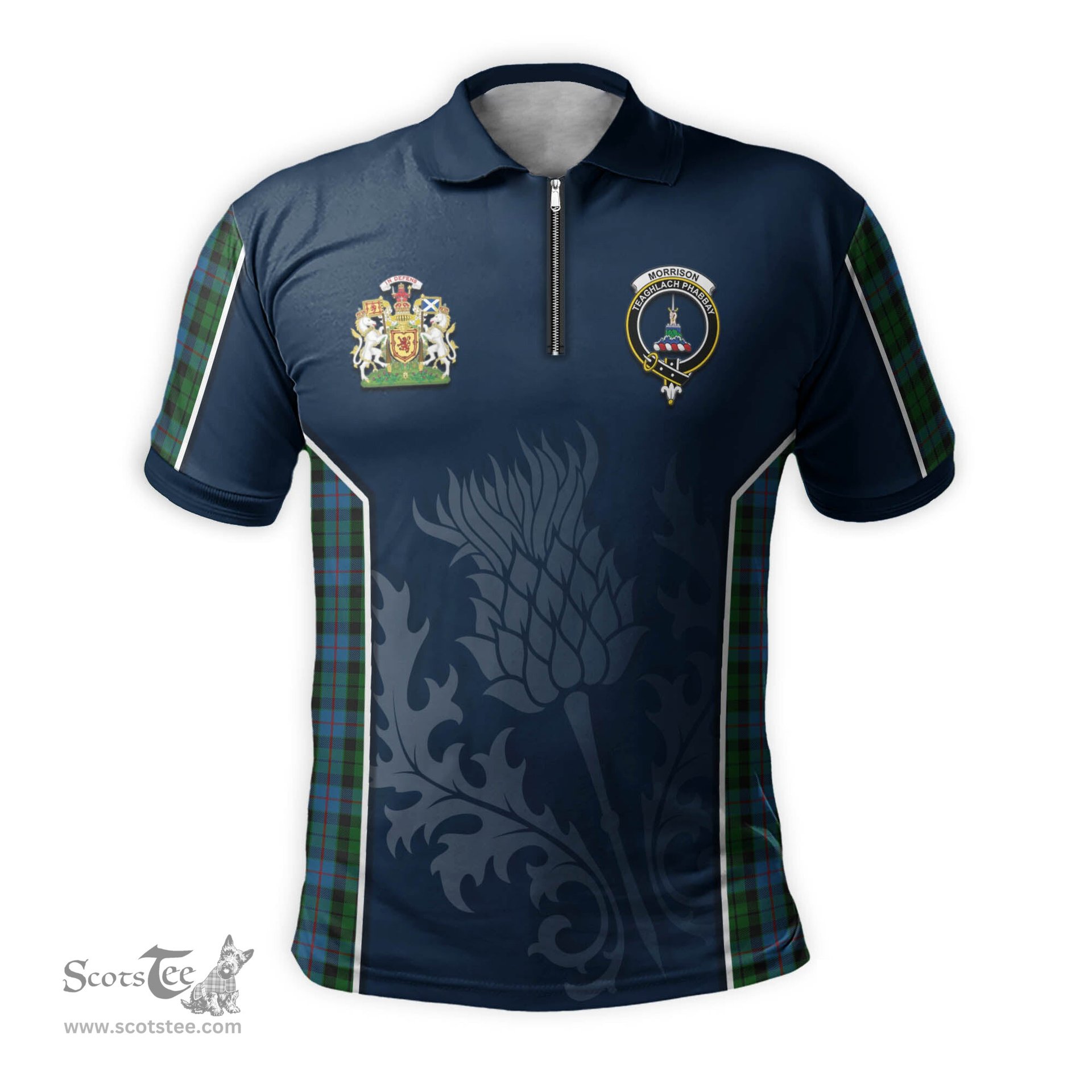 ScotsTee Shop Scottish Morrison Society Clan Scottish Crest and Scottish Thistle Sport Tartan Zipper Polo Shirt