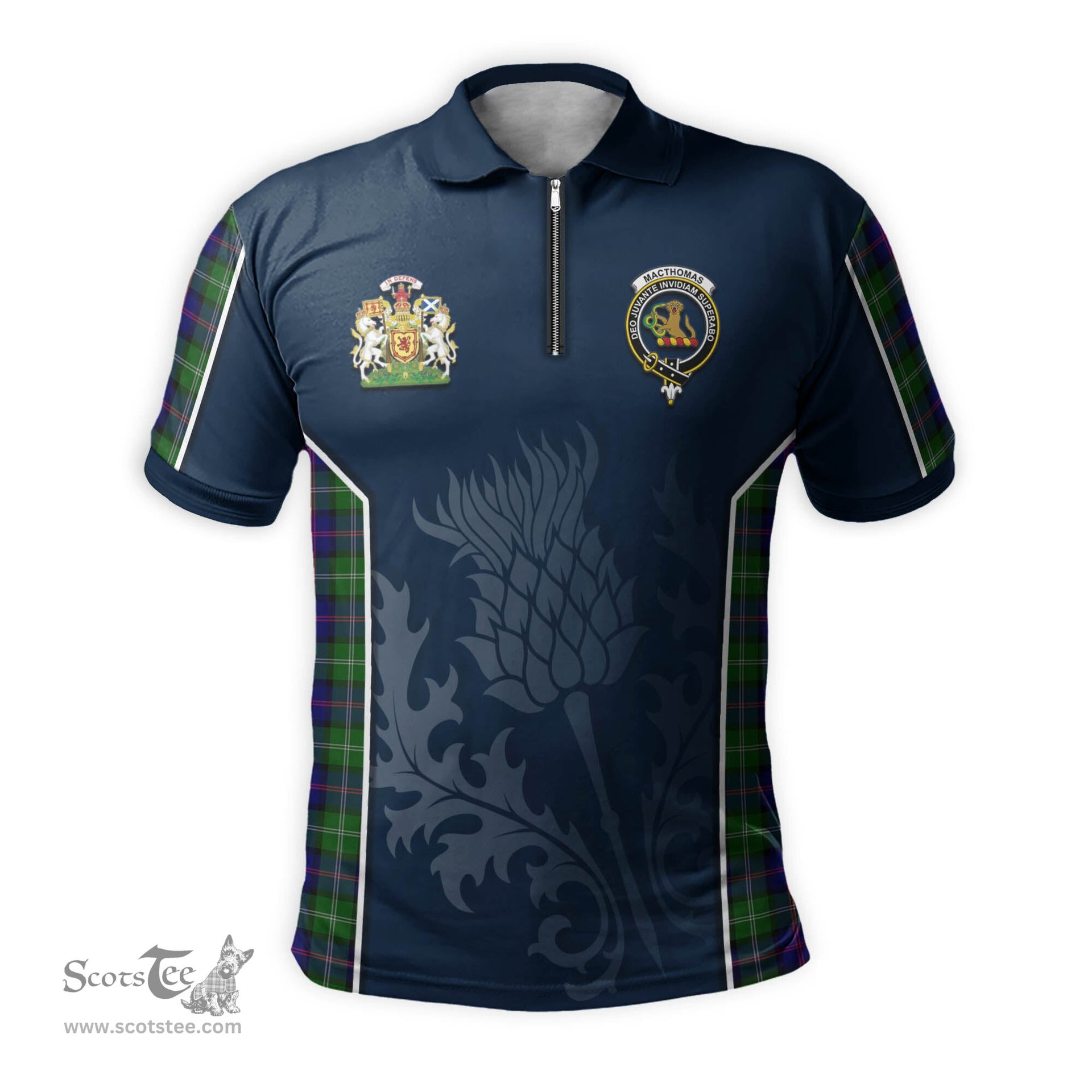 ScotsTee Shop Scottish MacThomas Modern Clan Scottish Crest and Scottish Thistle Sport Tartan Zipper Polo Shirt