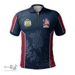 ScotsTee Shop Scottish MacRow Clan Scottish Crest and Scottish Thistle Sport Tartan Zipper Polo Shirt