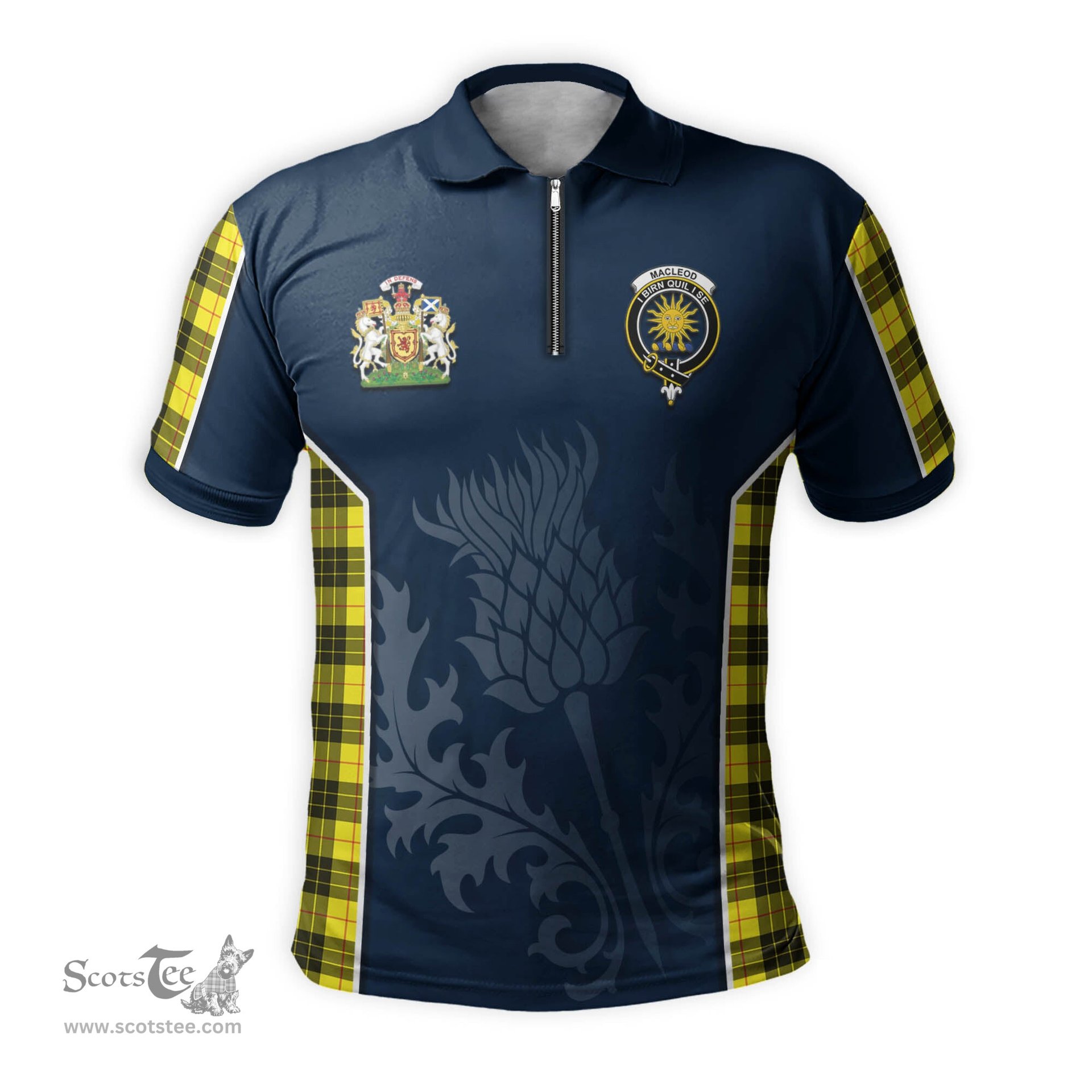 ScotsTee Shop Scottish MacLeod of Lewis Modern Clan Scottish Crest and Scottish Thistle Sport Tartan Zipper Polo Shirt