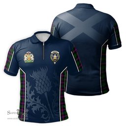 ScotsTee Shop Scottish Urquhart Modern Clan Scottish Crest and Scottish Thistle Sport Tartan Zipper Polo Shirt