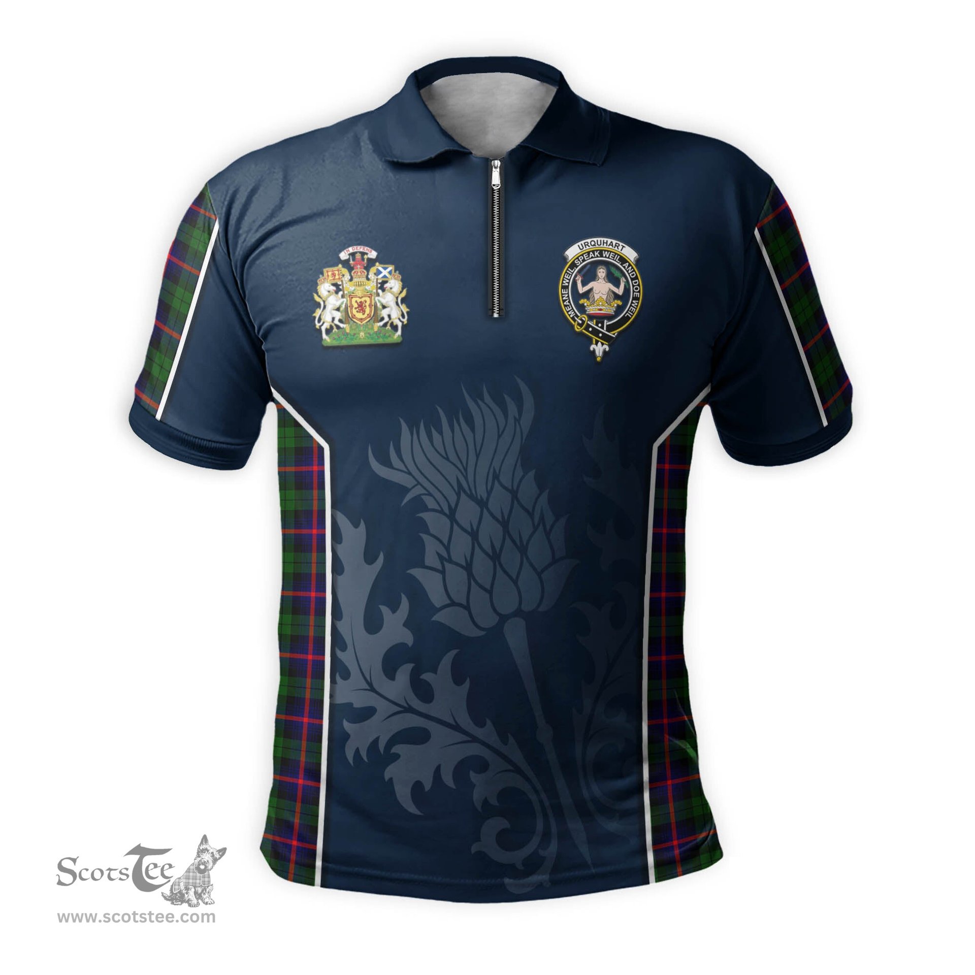 ScotsTee Shop Scottish Urquhart Modern Clan Scottish Crest and Scottish Thistle Sport Tartan Zipper Polo Shirt