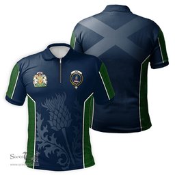 ScotsTee Shop Scottish Mar Tribe Clan Scottish Crest and Scottish Thistle Sport Tartan Zipper Polo Shirt