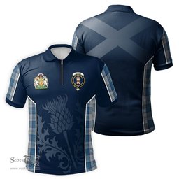 ScotsTee Shop Scottish Menzies Dress Blue and White Clan Scottish Crest and Scottish Thistle Sport Tartan Zipper Polo Shirt