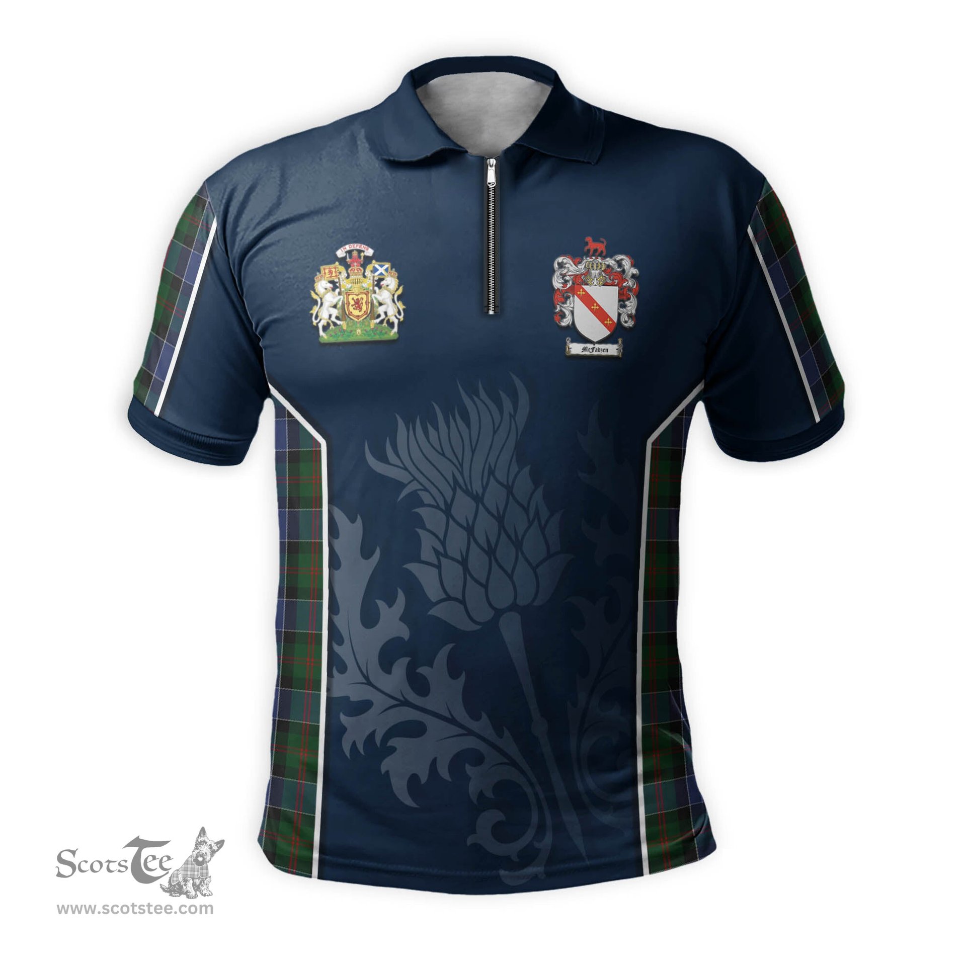 ScotsTee Shop Scottish McFadzen 01 Clan Scottish Crest and Scottish Thistle Sport Tartan Zipper Polo Shirt