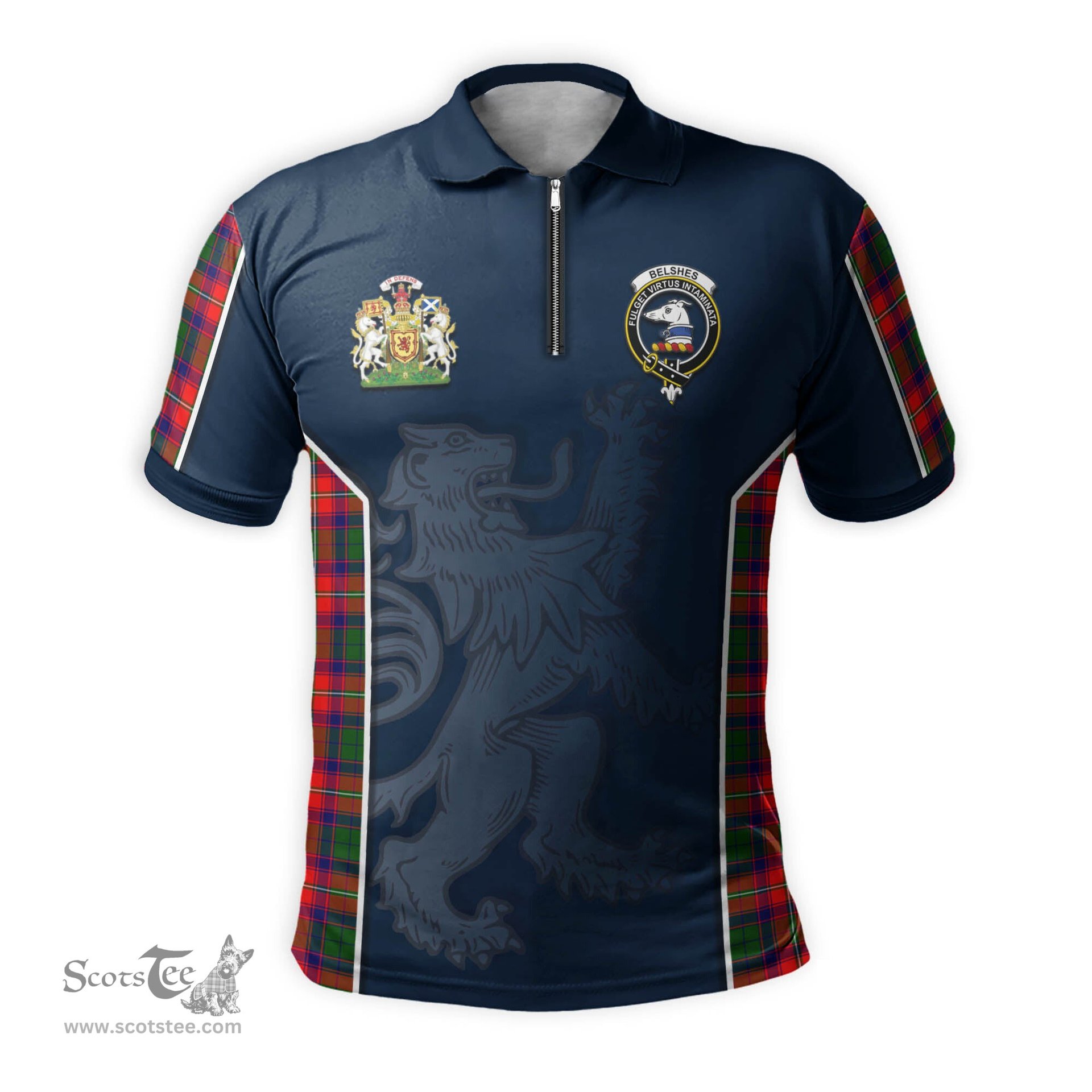 ScotsTee Shop Scottish Belshes Clan Scottish Crest and Scottish Lion Rampant Sport Tartan Zipper Polo Shirt