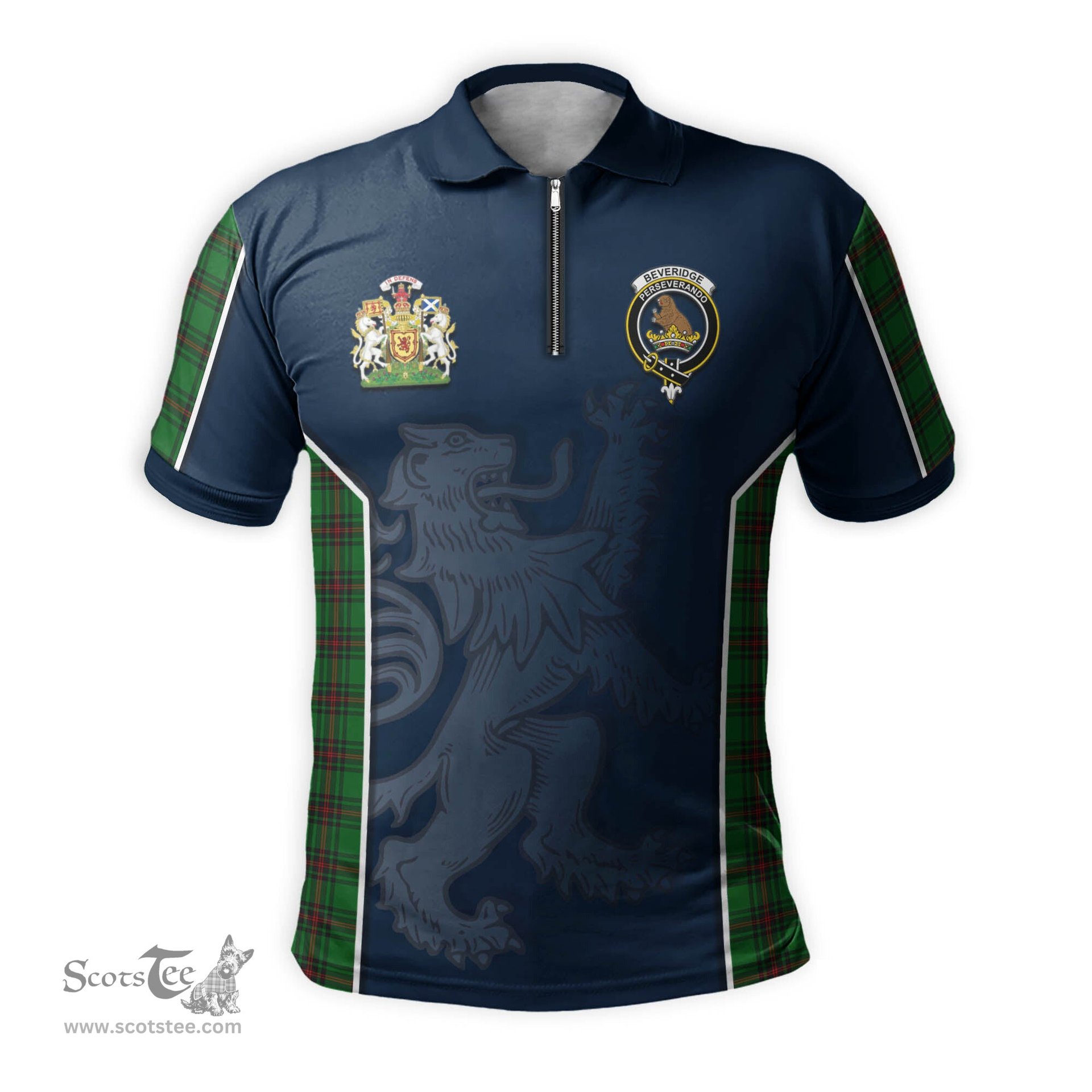 ScotsTee Shop Scottish Beveridge Clan Scottish Crest and Scottish Lion Rampant Sport Tartan Zipper Polo Shirt