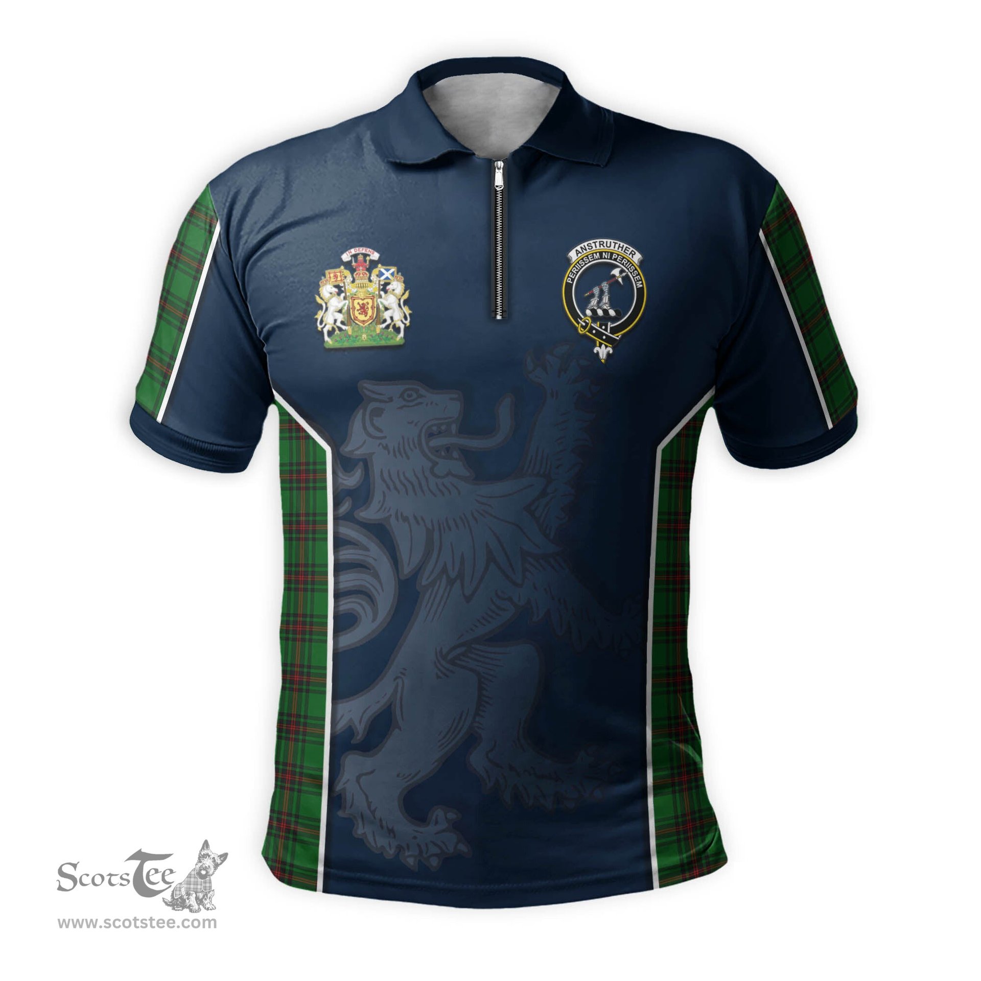 ScotsTee Shop Scottish Anstruther Clan Scottish Crest and Scottish Lion Rampant Sport Tartan Zipper Polo Shirt