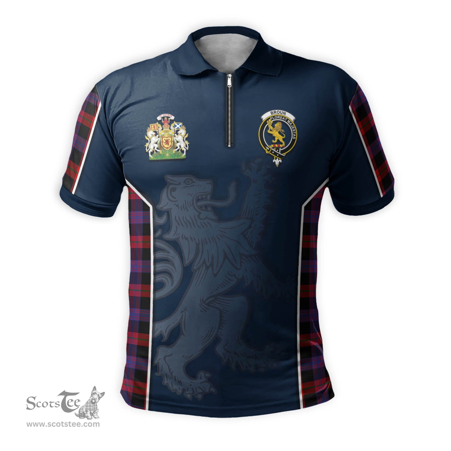 ScotsTee Shop Scottish Broun Modern Clan Scottish Crest and Scottish Lion Rampant Sport Tartan Zipper Polo Shirt